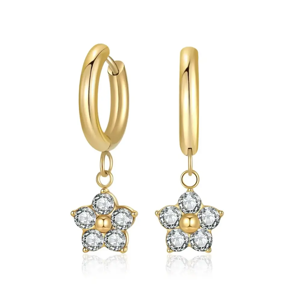 [E00052-G-WH] 18k Gold Plated Zircon Flower Petal Pendant Huggie Stainless Steel Earring (White)