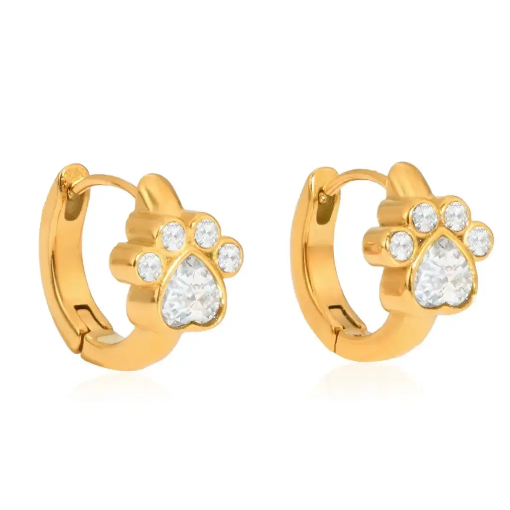 18K Gold Plated Stainless Steel Classic White Zirconia Animal Cat Paw Earrings