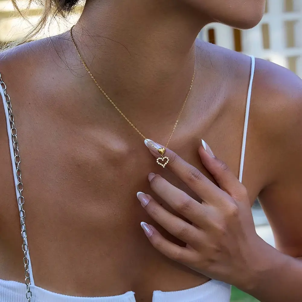 18K PVD Gold Plated Stainless Steel Romantic White Zircon Heart Drop Pendant Necklace