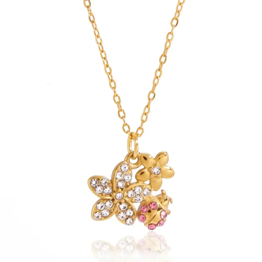 18K PVD Gold Plated Stainless Steel Necklace Classic Rhinestone Flowers Ladybug Pendant Necklace