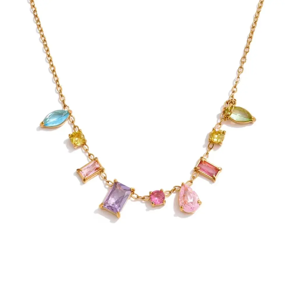 [N0051] Stainless Steel High Quality Premium Jewelry Bling Colorful Cubic Zirconia Pendant Necklace