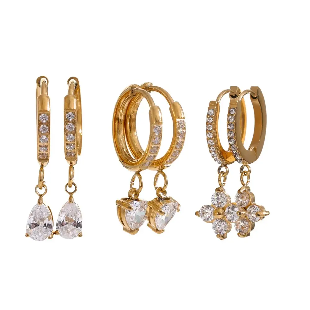 [E00013-1-G] Cubic Zirconia Drop Earrings Hoop Love Stainless Steel Pendant Earrings (18K Gold PVD, Drop)