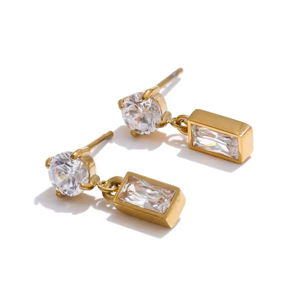 [E00033-G] Quadrate Cubic Zirconia Drop Earrings 18k Gold Plated PVD Stainless Steel (18K Gold PVD)