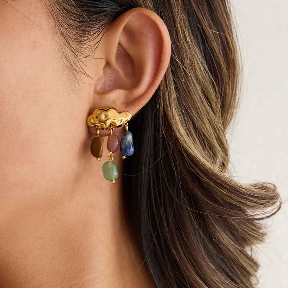 Tassel Beads Earrings 18K Gold Plated Stainless Steel Cloud Colorful Natural Stone Tassel Beads Earrings