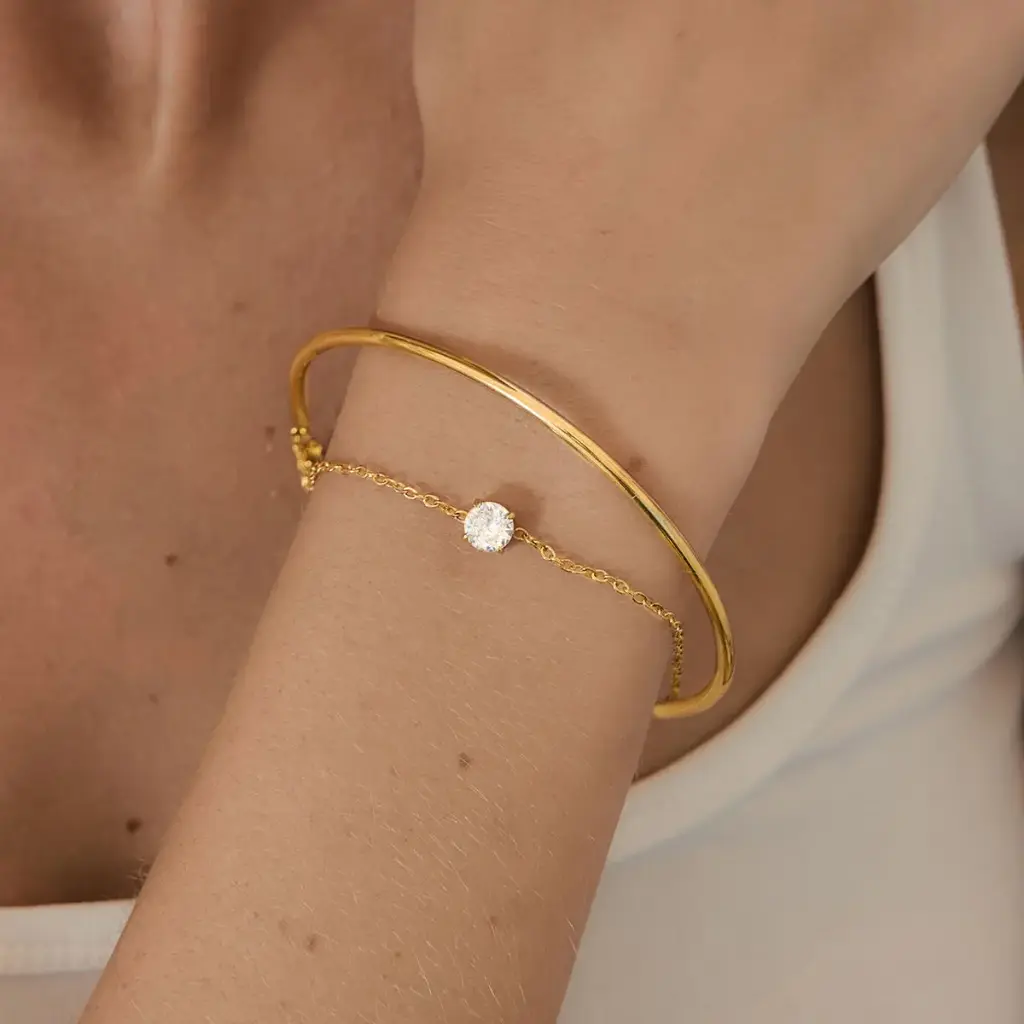 18K Gold Plated Stainless Steel Double Layer Round White Zirconia Chain Bracelet