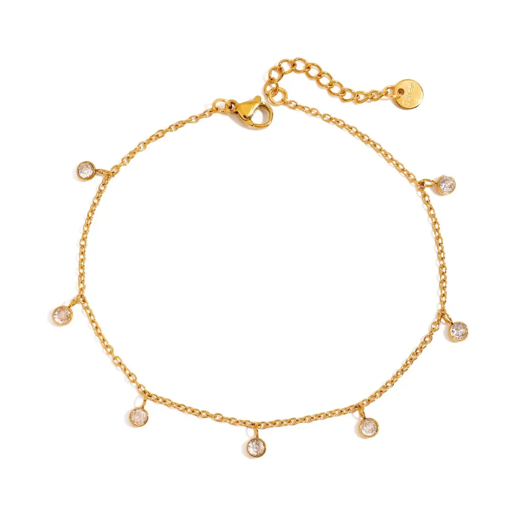 [VEA0212013] 18K Gold PVD Plated Stainless Steel Anklet Round CZ Stone Waterproof
