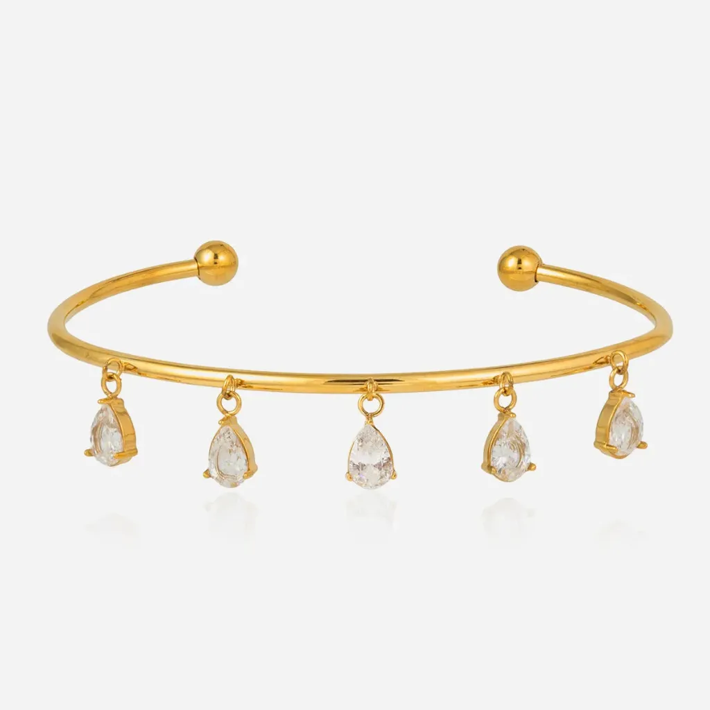 Elegant Delicate Tassel Teardrop CZ Bangle 18K Gold Stainless Steel Minimalist Teardrop Zircon Tassel Bangle Bracelet