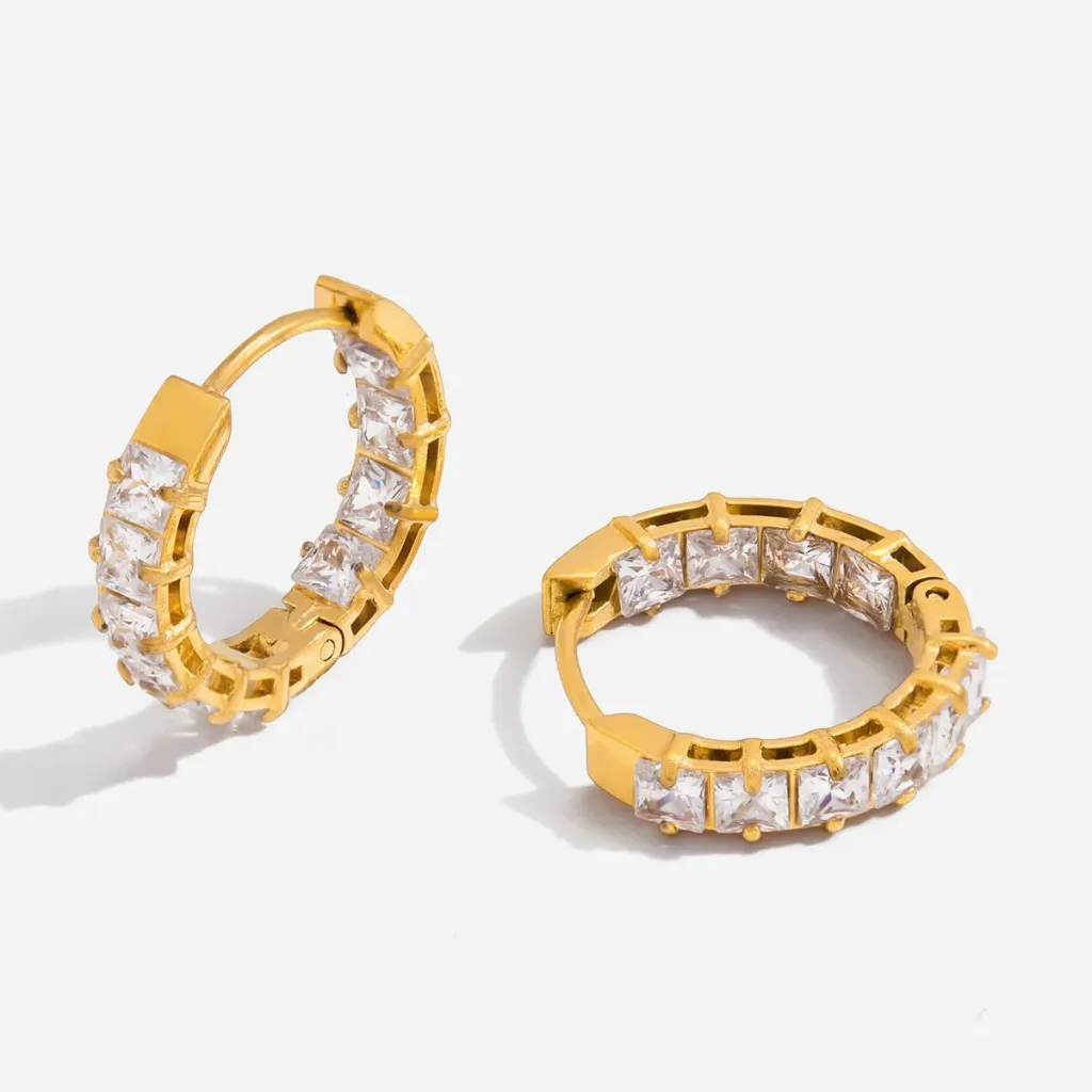 Classic CZ Hoop Earring 18K Gold Stainless Steel Trendy White Cubic Zirconia Inlay Earrings
