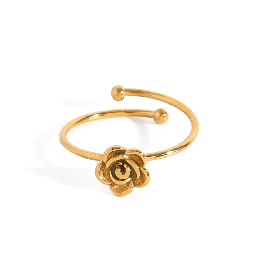 Sweet Romantic Jewelry Stainless Steel French Camellia Adjustable Open Ring