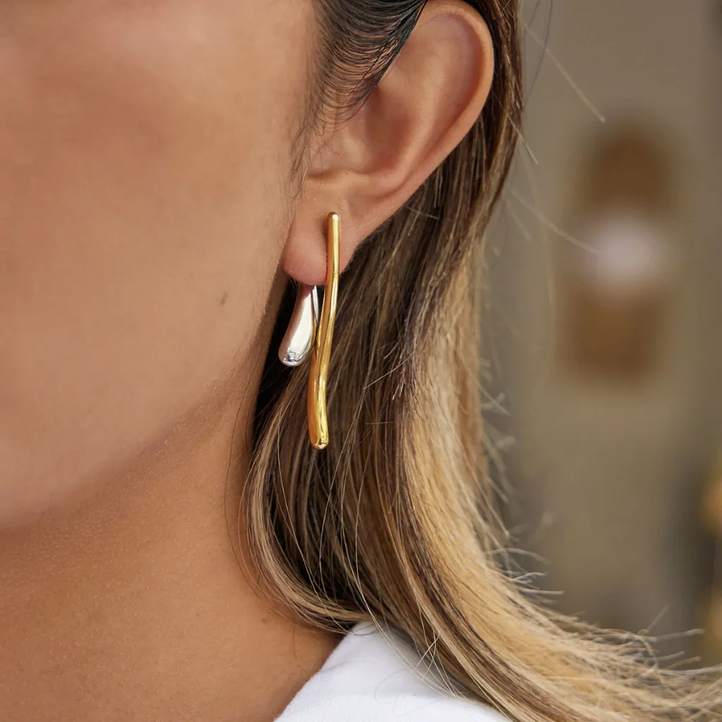 Bicolor Earring 18K Gold Stainless Steel Two Tone Teardrop Liquid Front Back Linear Earrings