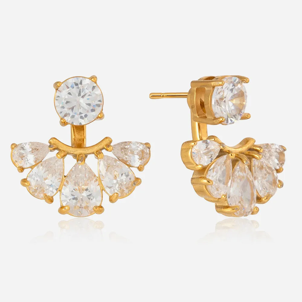 Classic Elegant Water Drop Zircon Earring 18K Gold Plated Stainless Steel Zirconia Circle Detachable Fan Jackets Earrings
