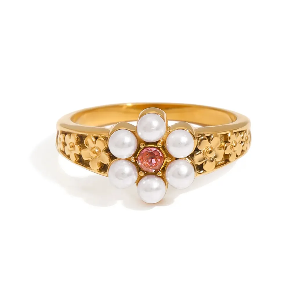 Modern Chic Women Jewelry 18K Gold Stainless Steel Pearl Zircon Flower Band Watch Rings