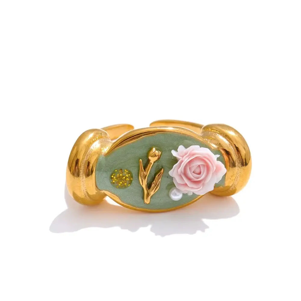 Green Enamel Pearl Carved Flower Open Ring