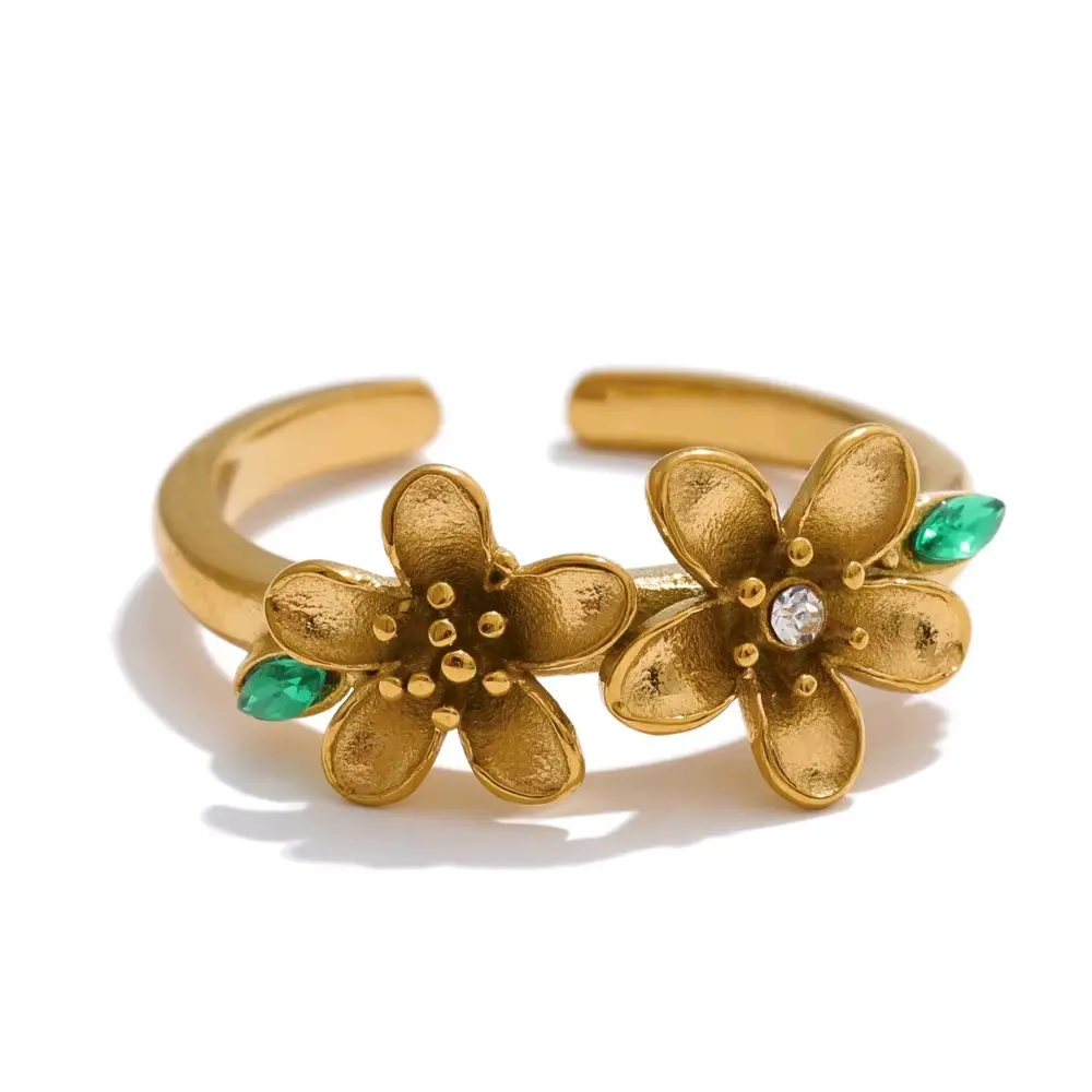 Natural Stone Double Flower Open Ring