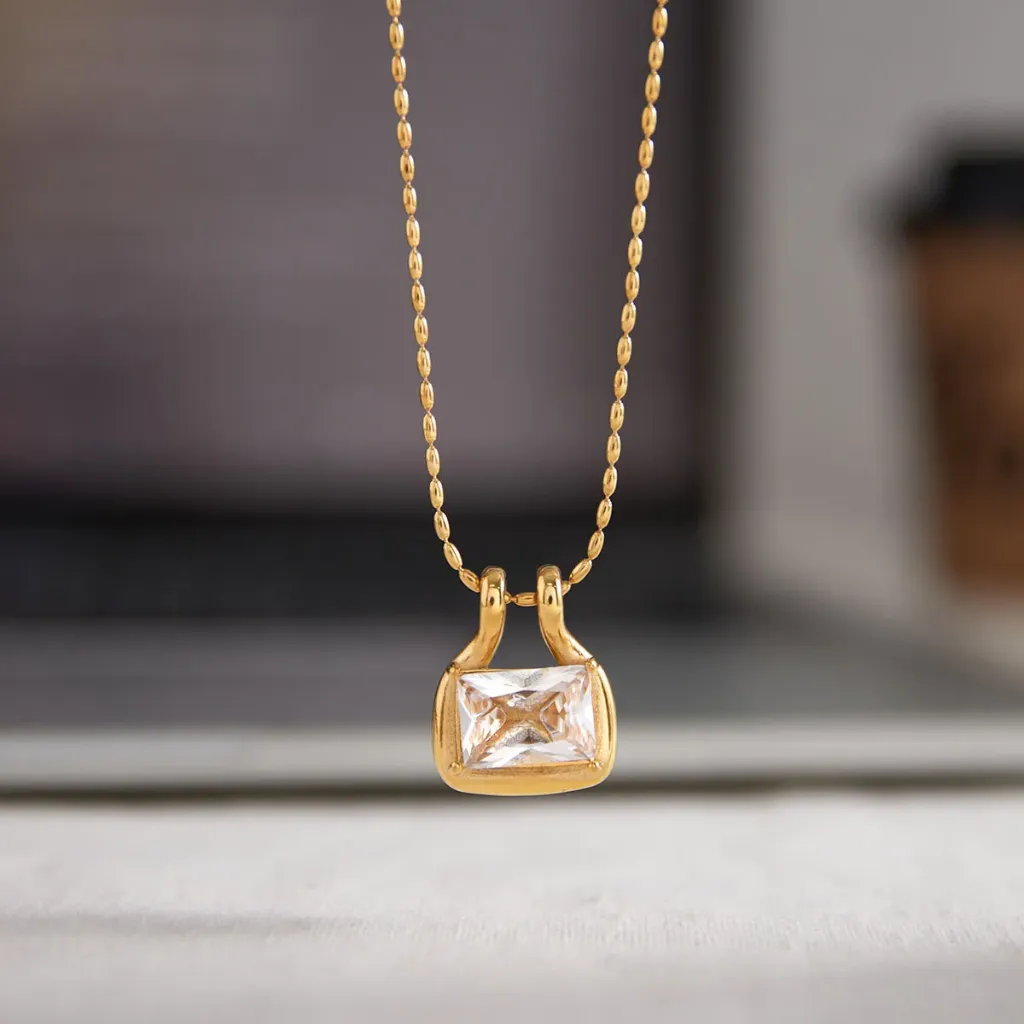 Elegant Cubic Zircon Necklace 18K Gold Stainless Steel Classic Square Zirconia Geometric Bead Chain Necklace