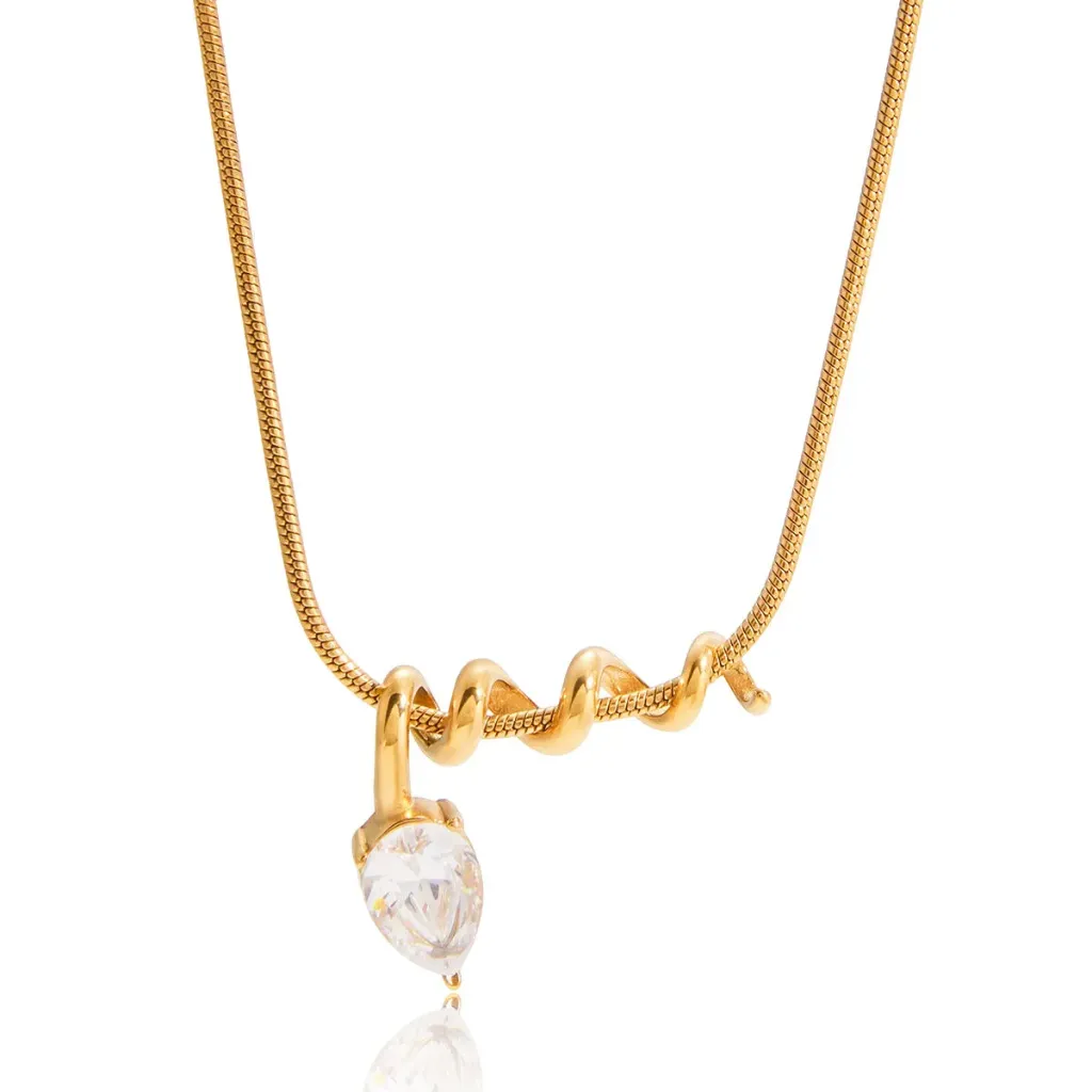 18K PVD Gold Plated Stainless Steel Necklace Trendy Classic Teardrop Zircon Spiral Pendant Necklace