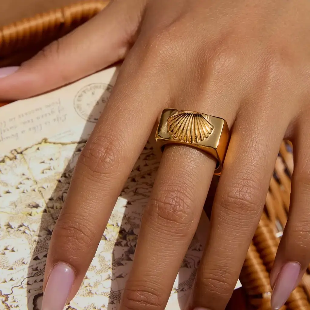 Square Ring Textured Shell Design Hypoallergenic Stackable Trendy Ring