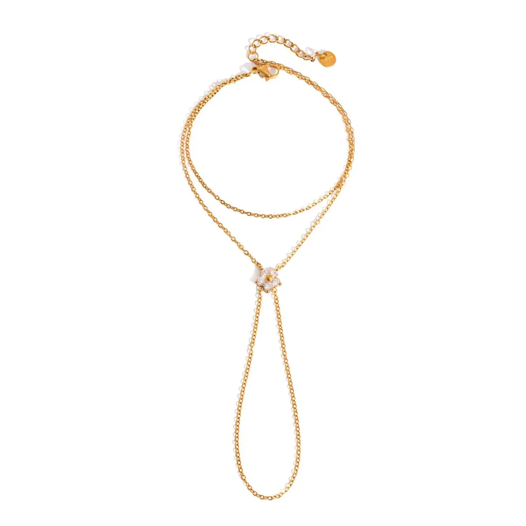 18K Gold Plated Stainless Steel Flower Zircon Double Layer Slave Bracelet Hand Chain for Women