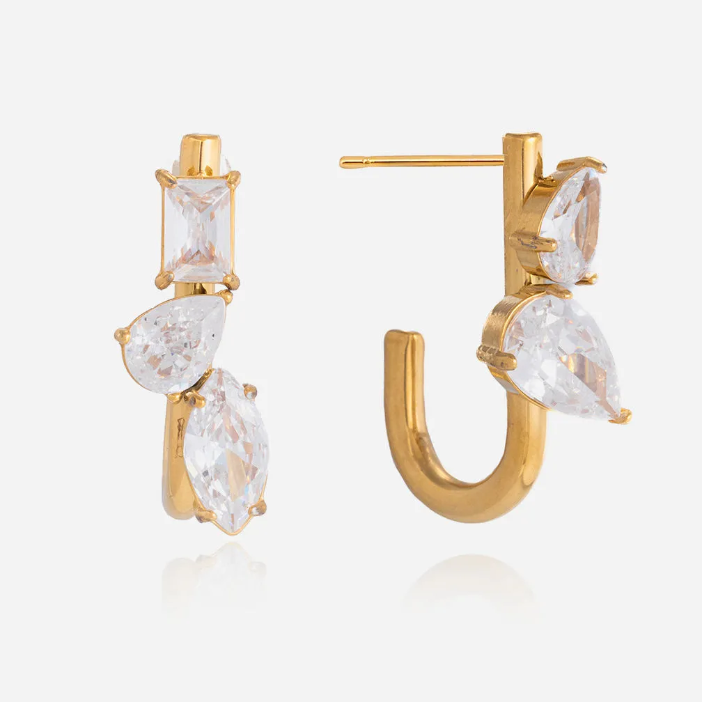18K Gold Plated Stainless Steel U Shaped Hoop Earrings Multi Cut White Zirconia Elegant Jewelry for Women
