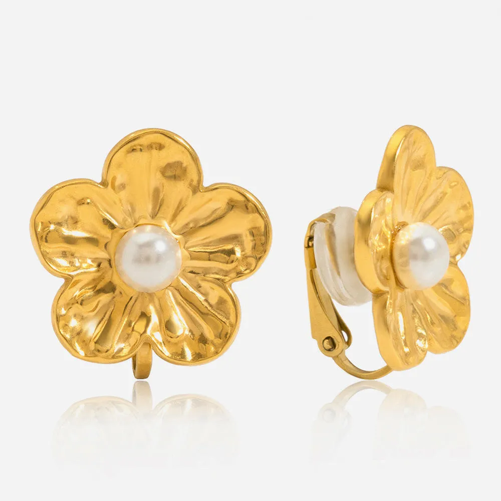 Sweet Blossom Clip-on Earring 18K Gold Plated Stainless Steel Elegant Acrylic Pearl Flower Clip-on Earrings