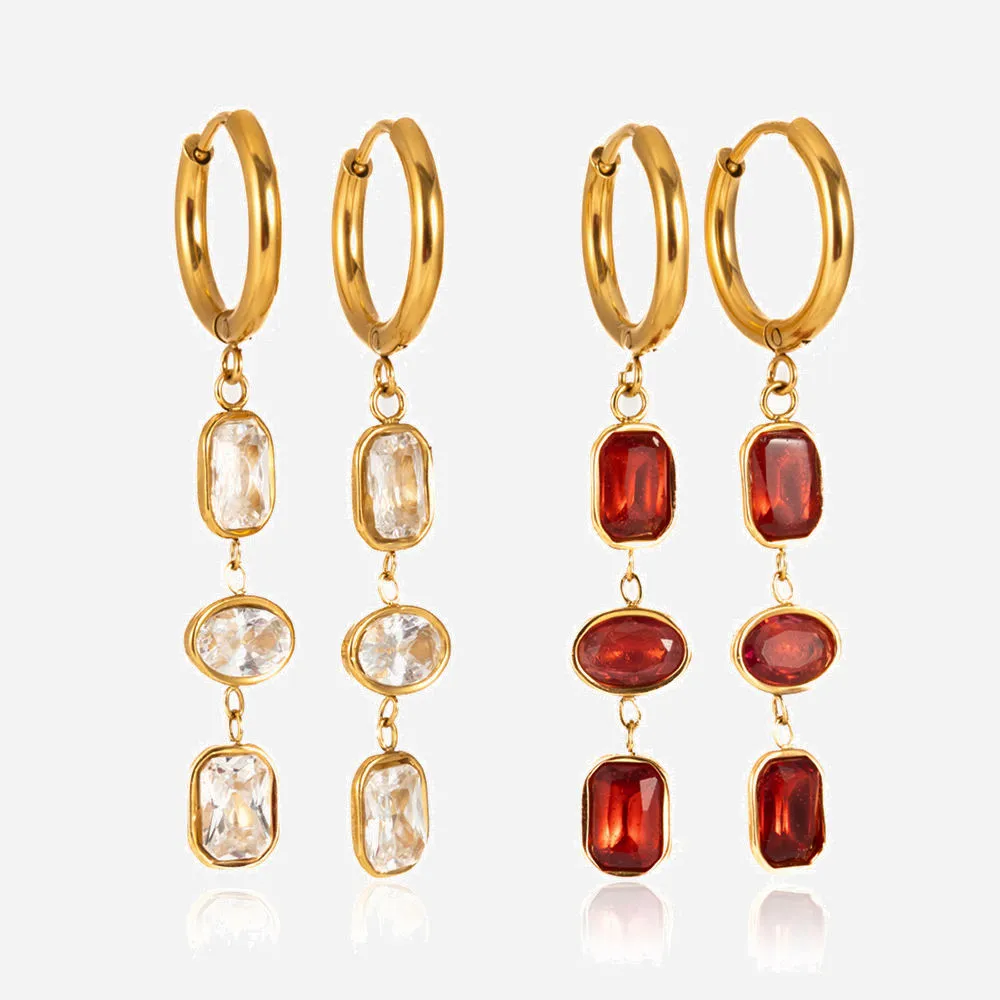 Women's Red White Zirconia Tassel Earrings - 18K Gold Plated Geometric Drop Earrings