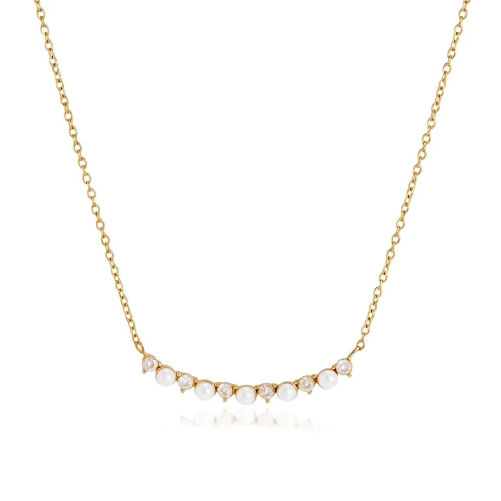 18K Gold-Plated Stainless Steel Faux Pearl "Smile" Pendant Necklace with 5-Bead Chain Ideal for Layering