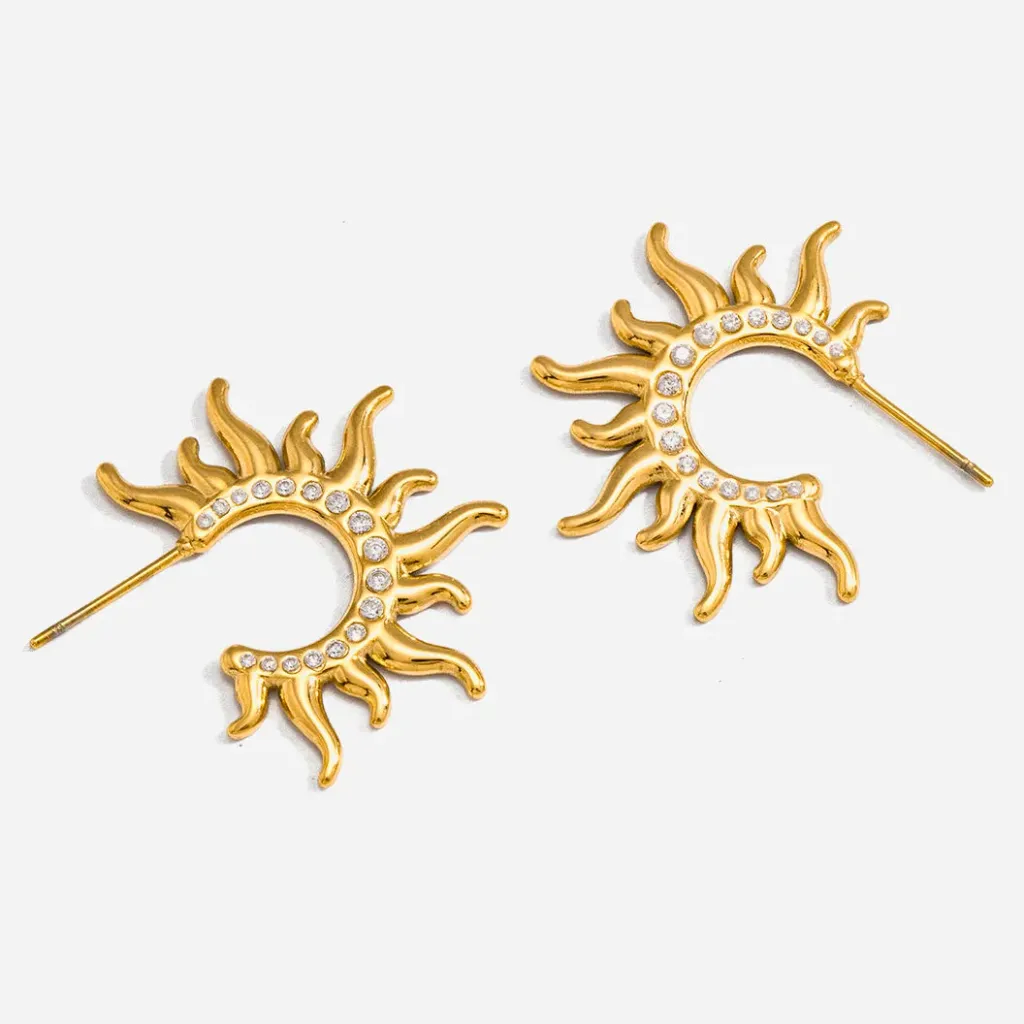 [VEE0101322] Trendy Classic Sun CZ Hoop Earring 18K Gold Stainless Steel Minimalist Fashion White Zircon Hollow Sun Earrings