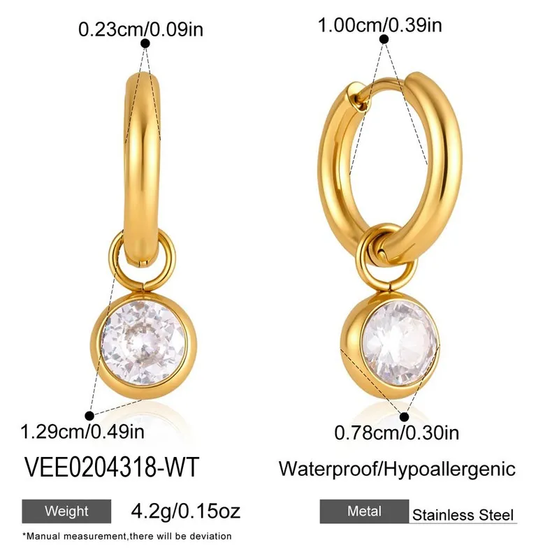 Jewelry 18K Gold Plated Stainless Steel Round Blue Zirconia Pendant Hoop Earrings Waterproof Jewelry for Women