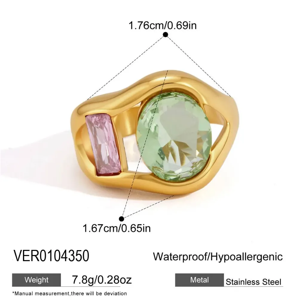 18K Gold Stainless Steel Bold Hollow Open Ring with Oversized Green Oval Zirconia and Pink Accent for Women