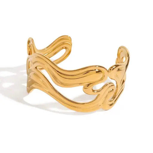 [B0014] Texture Cuff Bangle 18K PVD Gold Plated Stainless Steel Irregular Opening Bracelet