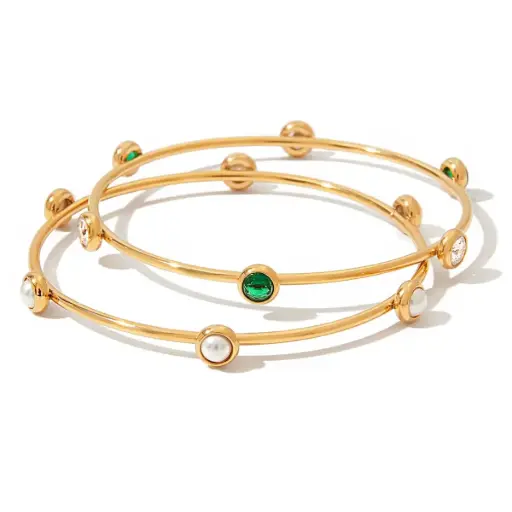 18K Gold Plated Glow Pearl Cluster Bracelet with Glass Pearl Emerald Icy Zircon Party Stackable Jewelry
