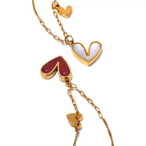 [N0007] Red Stone Heart Pendant Necklace SS & 18k Gold plated