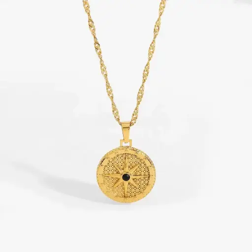 [N0012] Round Octagon Signet Black Diamond Necklace SS & 18k Gold plated