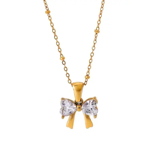 [N0019] Bow White Zircon Pendant Necklace