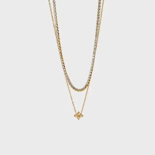 [N0030] 18K Gold Plated Stainless Steel Tennis Chain Flower Cubic Zircon Double Layer Pendant Necklace