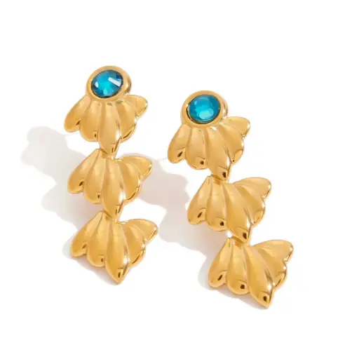 [E00005] Blue Glass Glossy Petal Pendant Earrings