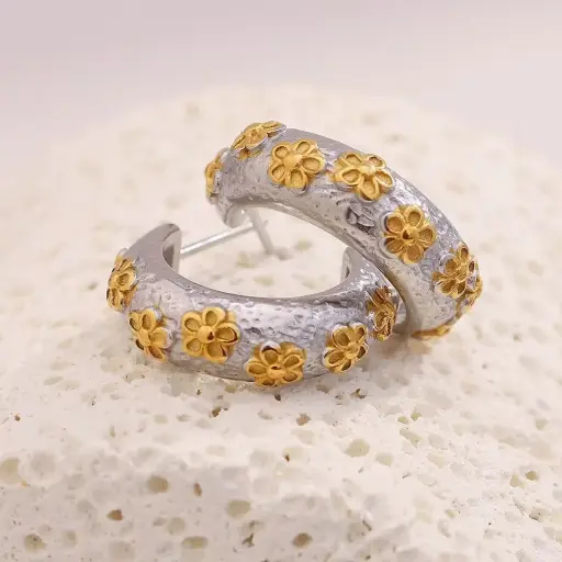 [E00009] Mix Color Flower Waterproof Jewelry Gold Plated Stainless Steel Hoop Earrings