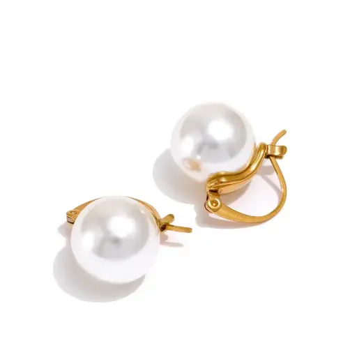 [E00010] Gold Plated Stainless Steel Pearl Hoop Earrings for Women