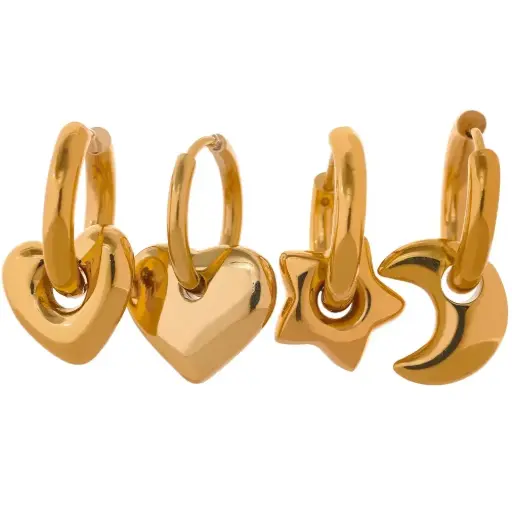 Charm Stainless Steel Moon Star Heart Pendant Hoop Earrings 18k Gold Plated Waterproof