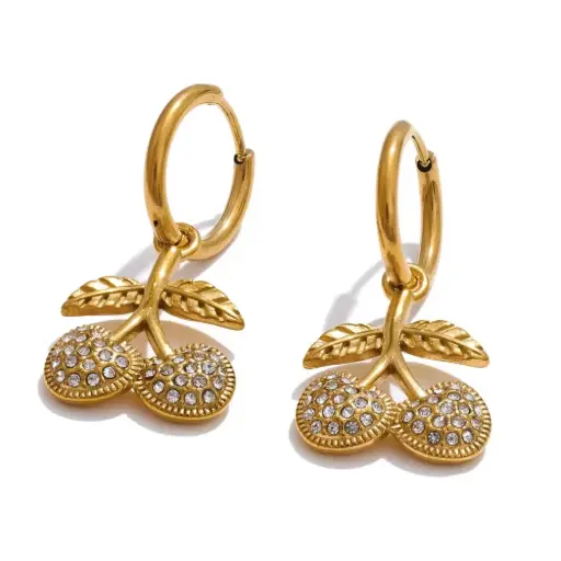 [E00016] Shiny Cubic Zirconia Cherry Drop Hoop Earrings