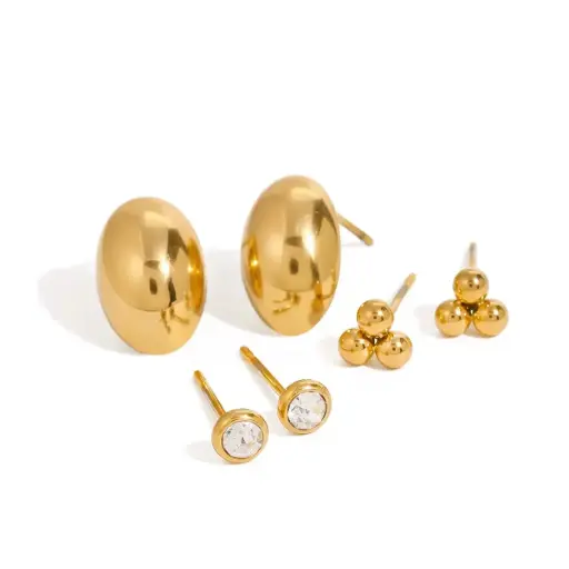 [E00023] White Zircon Hollow Oval and Steel Ball Ear Clips Set of 3
