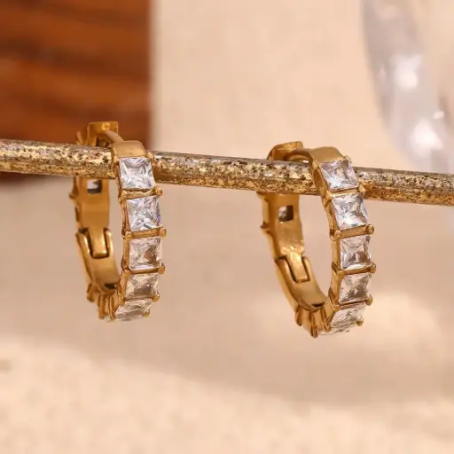 [E00030] Baguette Zircon Huggies Earrings 18k Gold Plated