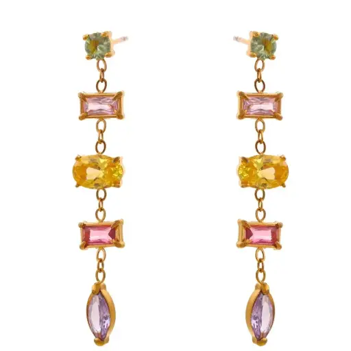 [E00029] Colorful Zirconia Stainless Steel Chain Zircon Drop Earrings for Women