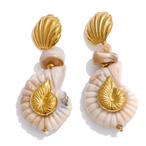 [E00031] Ocean Style Stainless Steel Shell Conch Drop Earrings