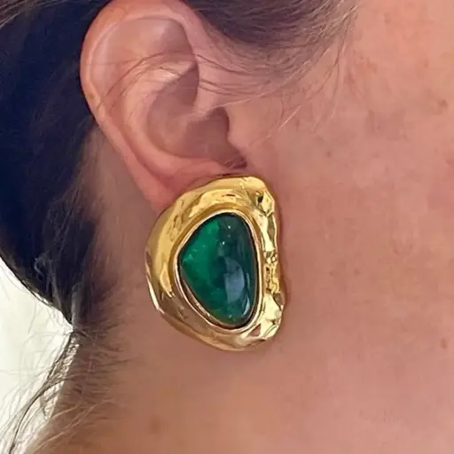 [E00044] 18K PVD Gold Plated Emerald Big Stud Earrings