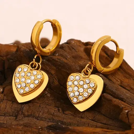 [E00046] Heart Zircon Huggie Earring 18k Gold Plated Jewelry