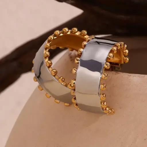 [E00047] Stainless Steel 18K Gold Plated Bead Edge Smooth Earrings for Women