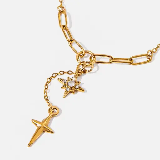 [N0024] Star and Cross Gold Plated Stainless Steel Necklace