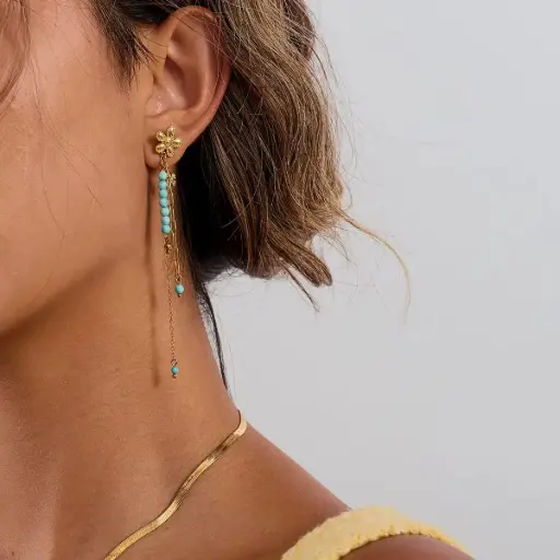 [E00049] 18k Gold Plated Stainless Steel Flower Rhinestone Tassel Beads Turquoise Earrings