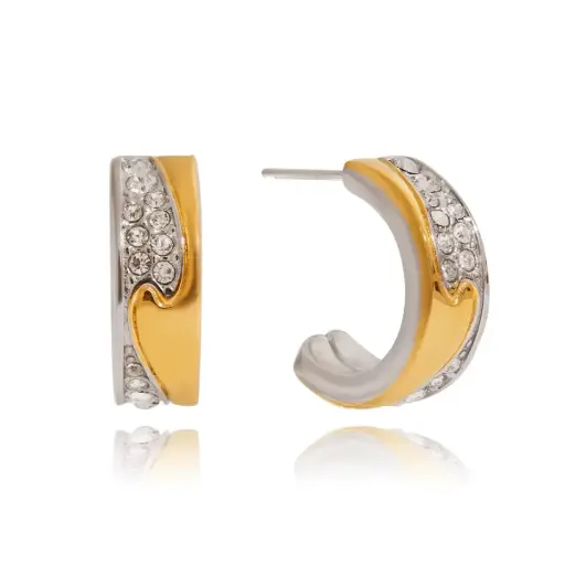 [E00050] Hoop Earring 18K Gold Plated Stainless Steel White Rhinestone Two Tone C Shaped Earrings